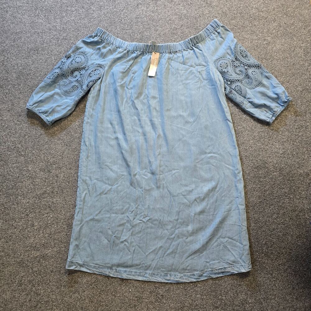 Chicos Dress Womens Size XL Blue Off Shoulder Denim Embroidered Chambray Casual